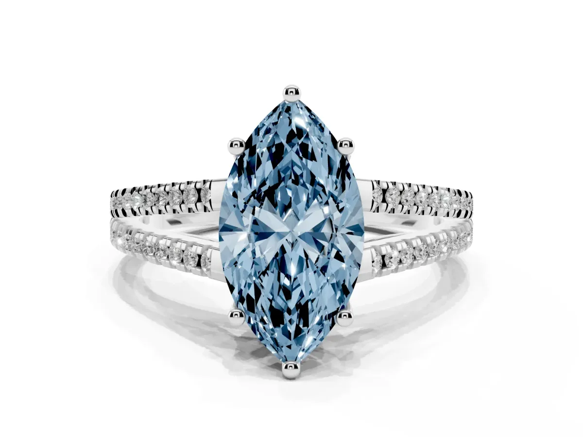 Fancy Blue Marquise Cut Diamond Solitaire Engagement Ring with Split Shank Pavé Band Silver