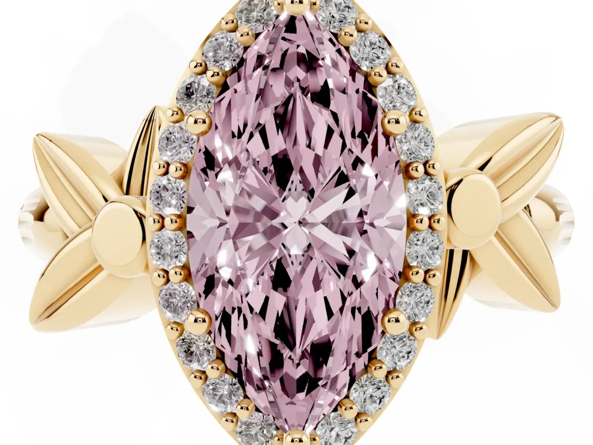 Fancy Pink Marquise Cut Halo Diamond Floral Band with Four-Prong Setting Yellow gold