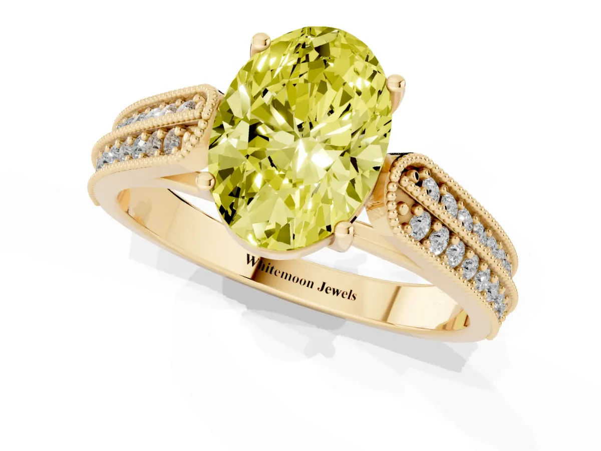 Fancy Yellow Oval Cut Cut Pave Split Shank Engagement Ring with Four-Prong Setting Yellow gold