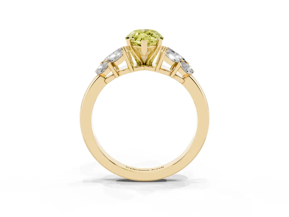 Fancy Yellow Marquise Cut Diamond Cluster Leaf Design Ring with Prong Setting Yellow gold
