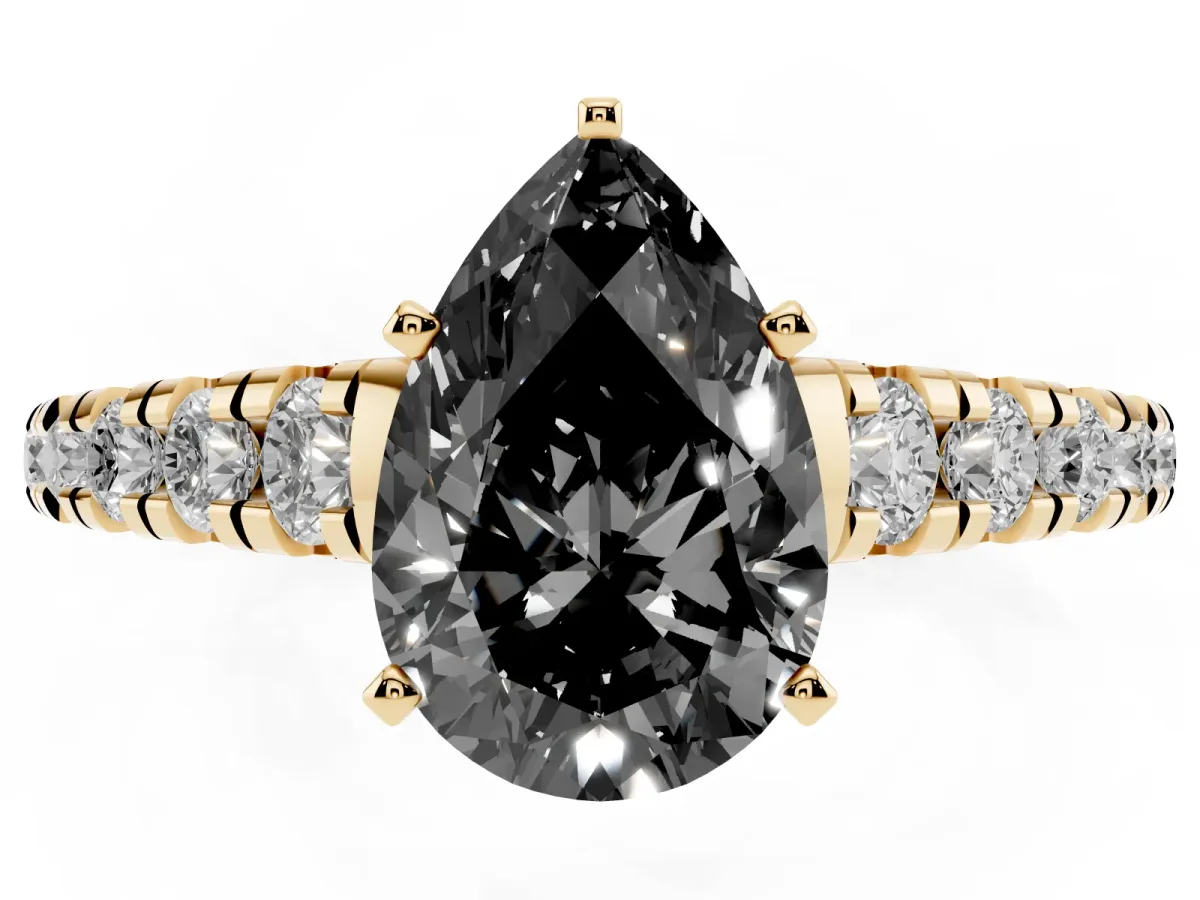 Fancy Black Pear Cut Diamond Cathedral Solitaire Ring with Round Pavé Band Yellow gold