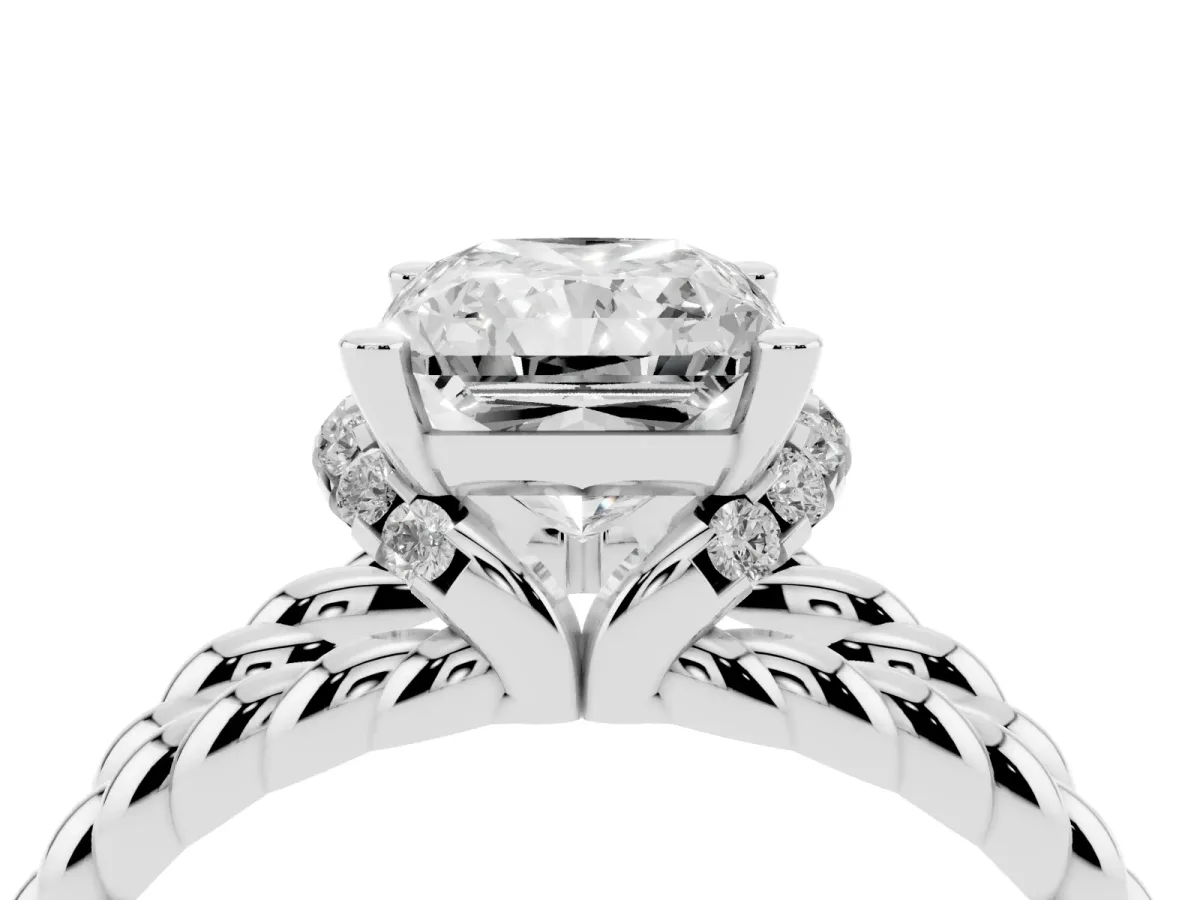 Radiant Cut Halo Twisted Band Four-Prong Ring Silver
