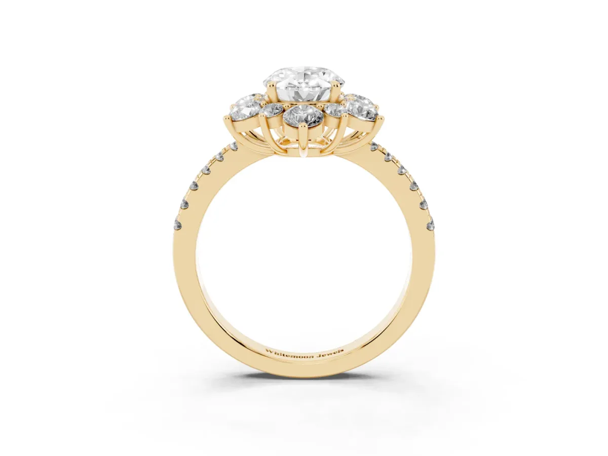 Oval Cut Diamond Floral Halo Ring with Round Pavé Band and Prong Setting Yellow gold