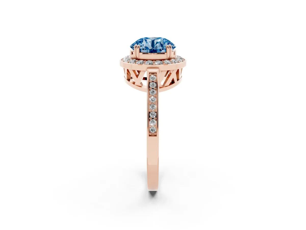 Fancy Blue Round Cut Diamond Halo Ring with Split Shank and Four-Prong Setting Rose gold