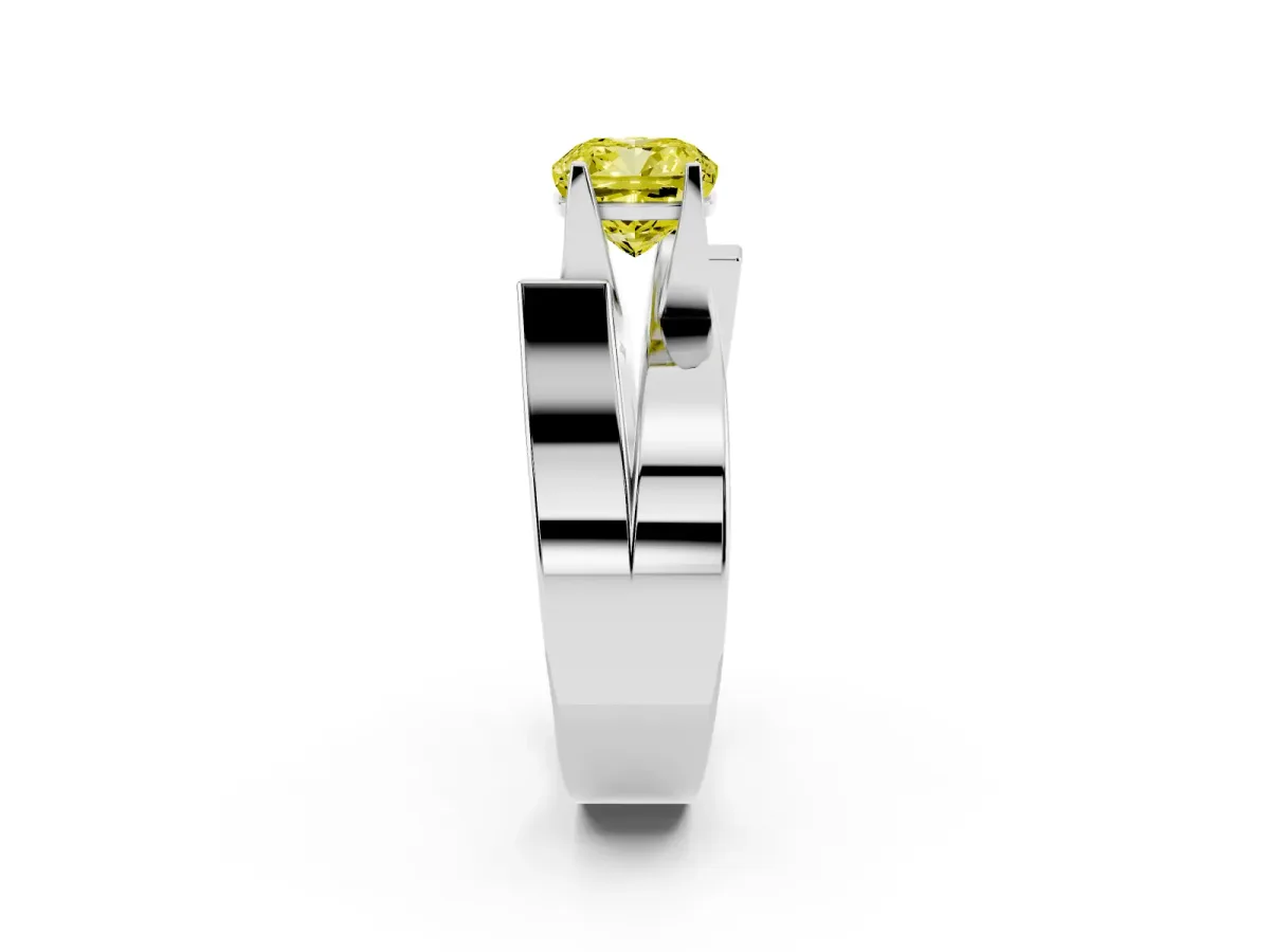 Fancy Yellow Modern Tension Set Cushion Cut Diamond Solitaire Wide Band Ring Platinum