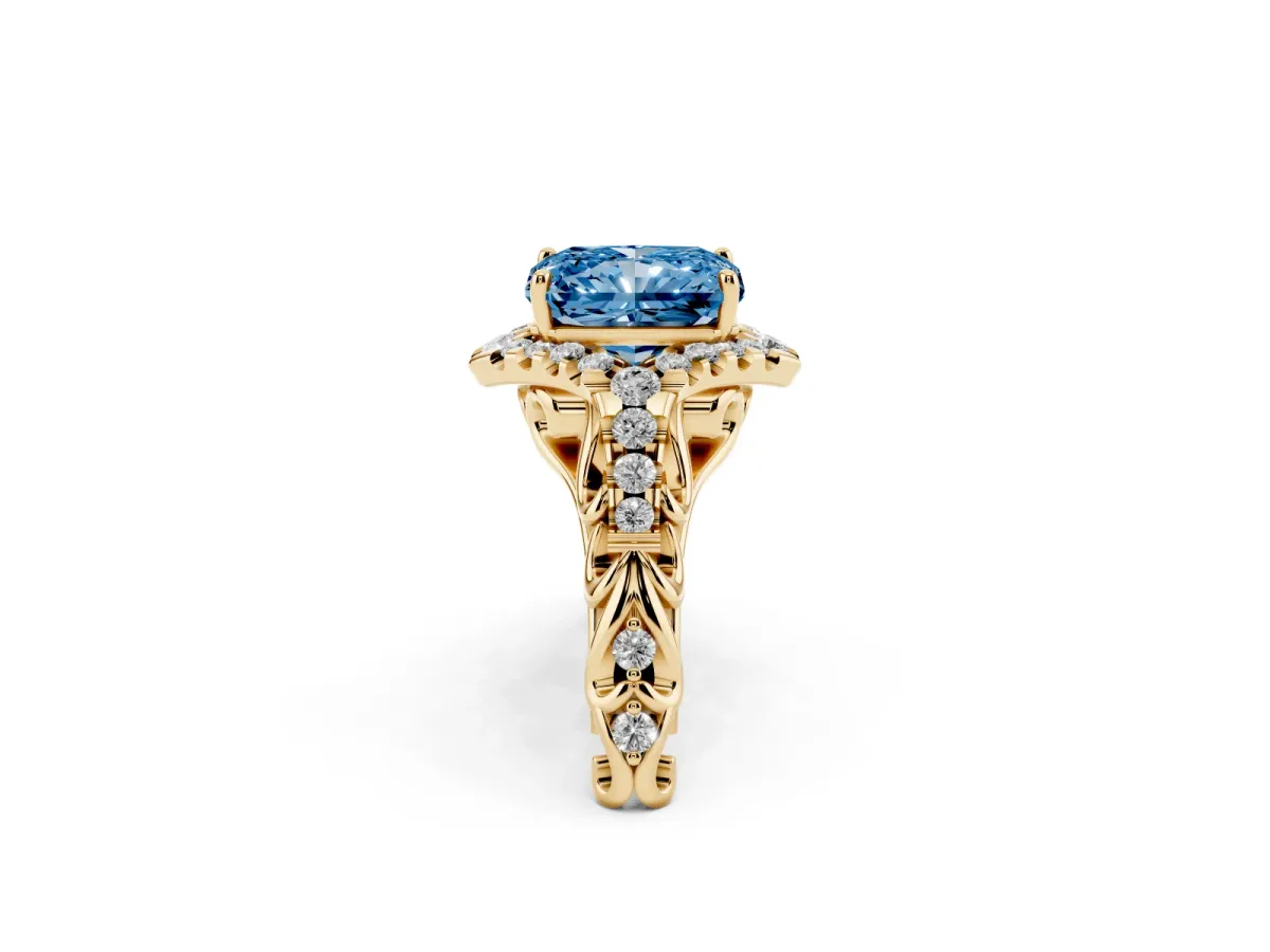 Fancy Blue Radiant Cut Diamond Solitaire Ring with Hidden Halo and Pavé Band Yellow gold