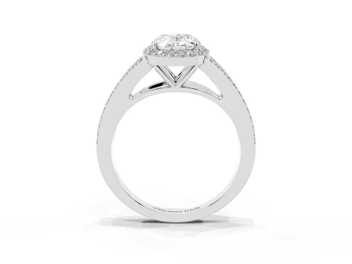 Oval Cut Halo Split Shank Pave Diamond Ring with Four-Prong Setting Silver