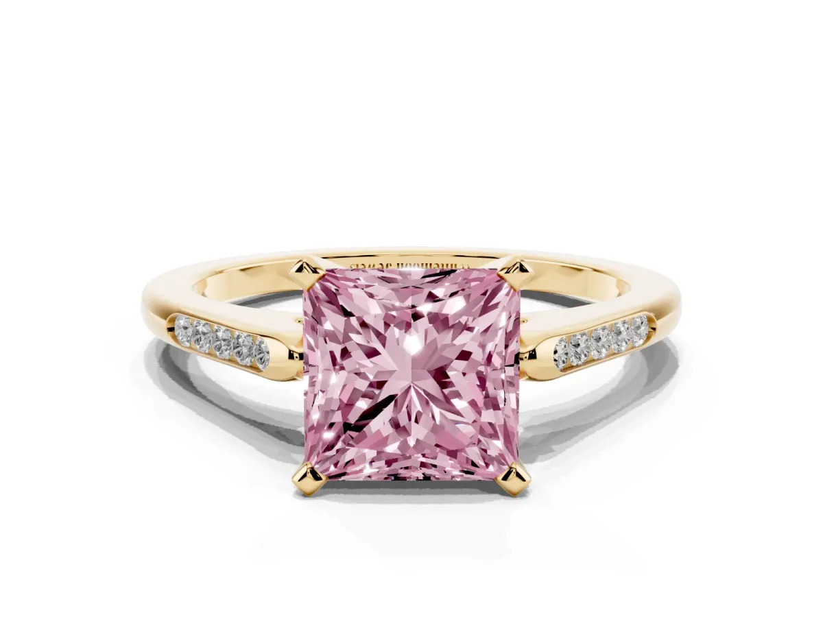 Fancy Pink Princess Cut Diamond Solitaire Ring with Channel Set Round Band and Prong Setting Yellow gold