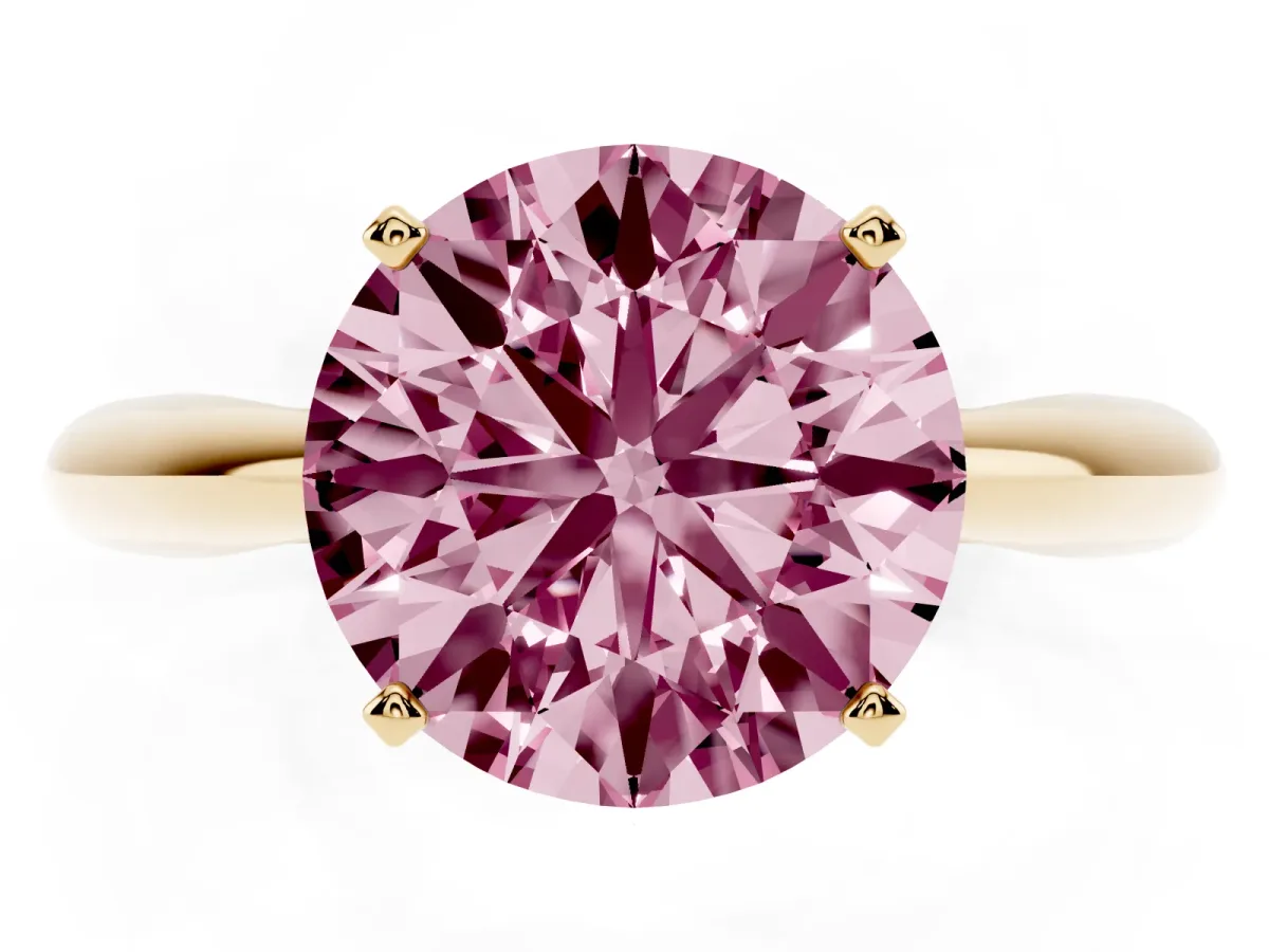 Fancy Pink Round Cut Diamond Solitaire Engagement Ring with Cathedral Setting and Four-Prong Mount Yellow gold