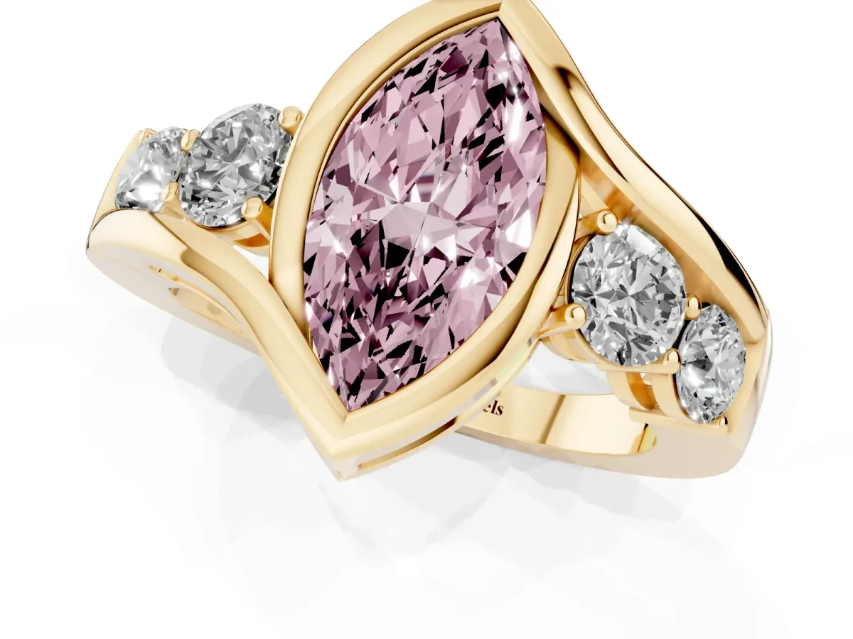 Fancy Pink Bezel Set Marquise Cut Diamond Bypass Ring with Round Accents Yellow gold