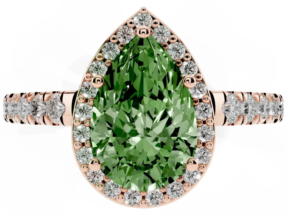 Fancy Green Pear Cut Cut Halo Diamond Engagement Ring with Pave Band and Four-Prong Setting Rose gold