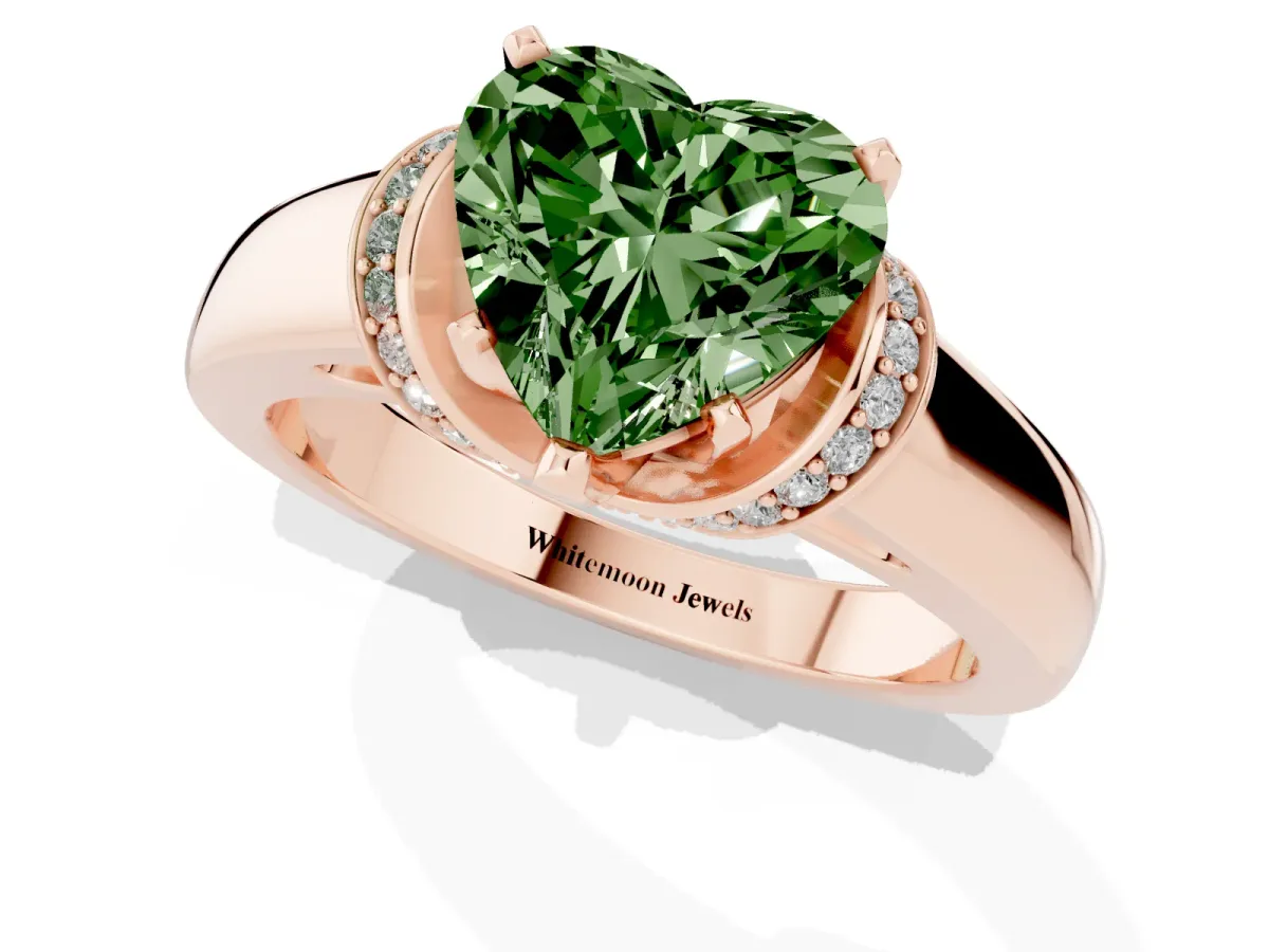 Fancy Green Heart Cut Solitaire Diamond Ring with Pave Band and Six-Prong Setting Rose gold