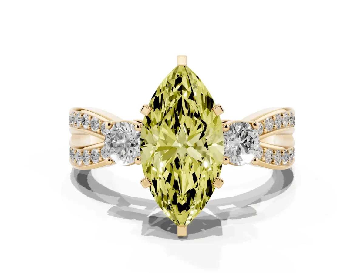 Fancy Yellow Three-Stone Marquise Cut Cut Diamond Twist Band with Prong Setting Yellow gold