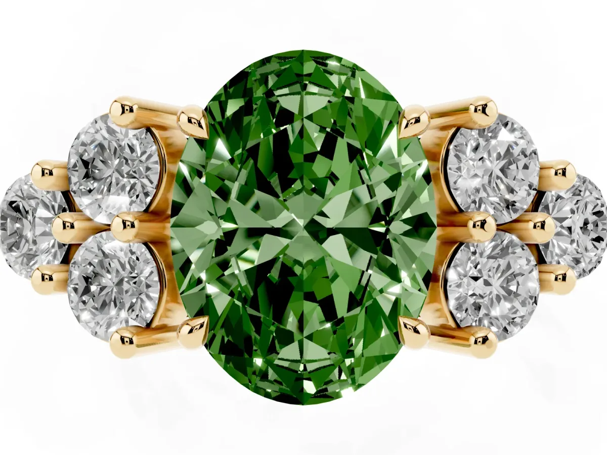 Fancy Green Oval Cut Brilliant Diamond Cluster Accent Solitaire Ring with Prong Setting Yellow gold