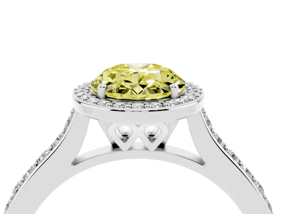 Fancy Yellow Oval Cut Diamond Halo Engagement Ring with Round Pavé Shoulders and Prong Setting White gold