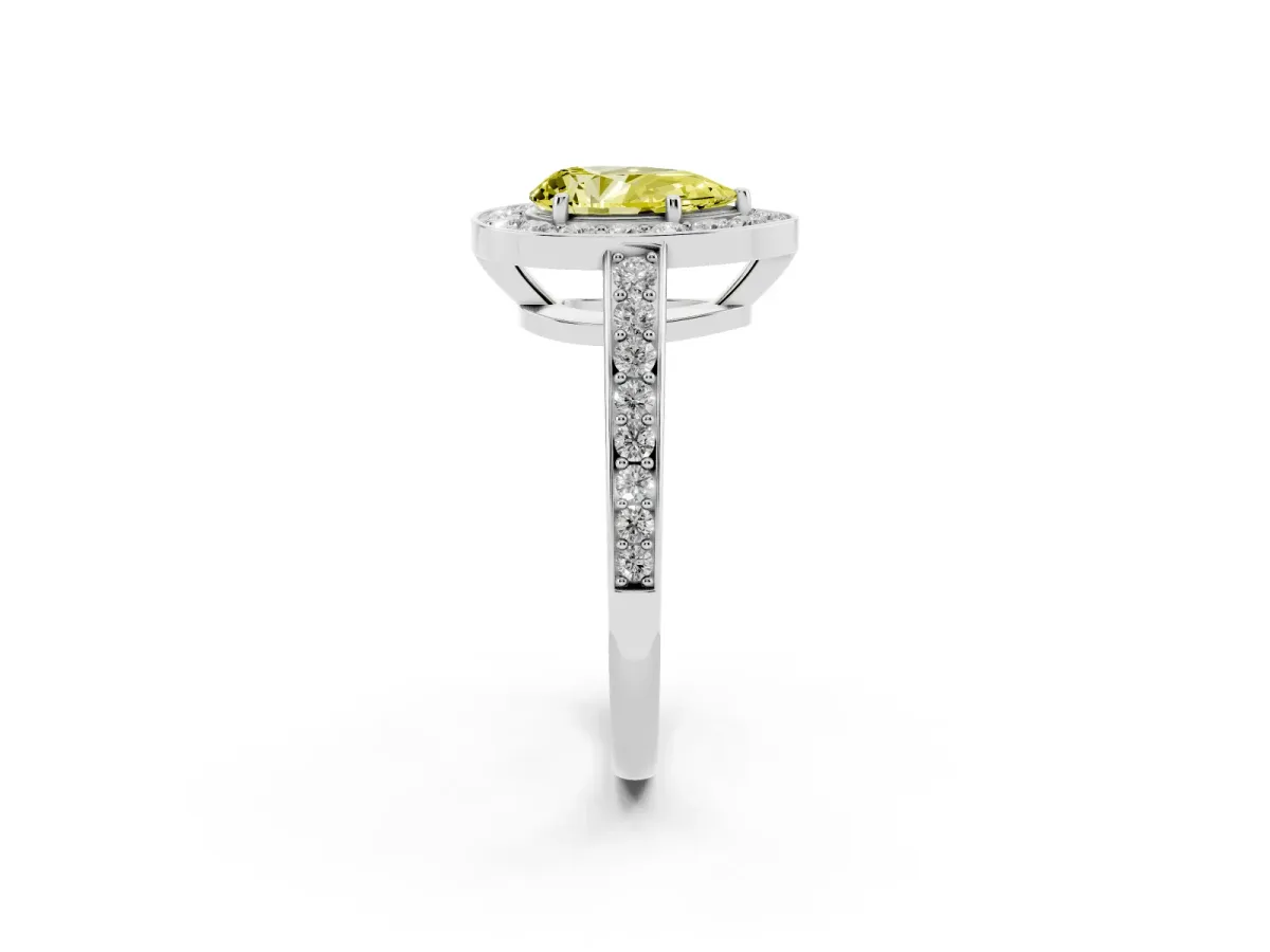Fancy Yellow Pear Cut Halo Pavé Diamond Engagement Ring with Bezel Setting Silver