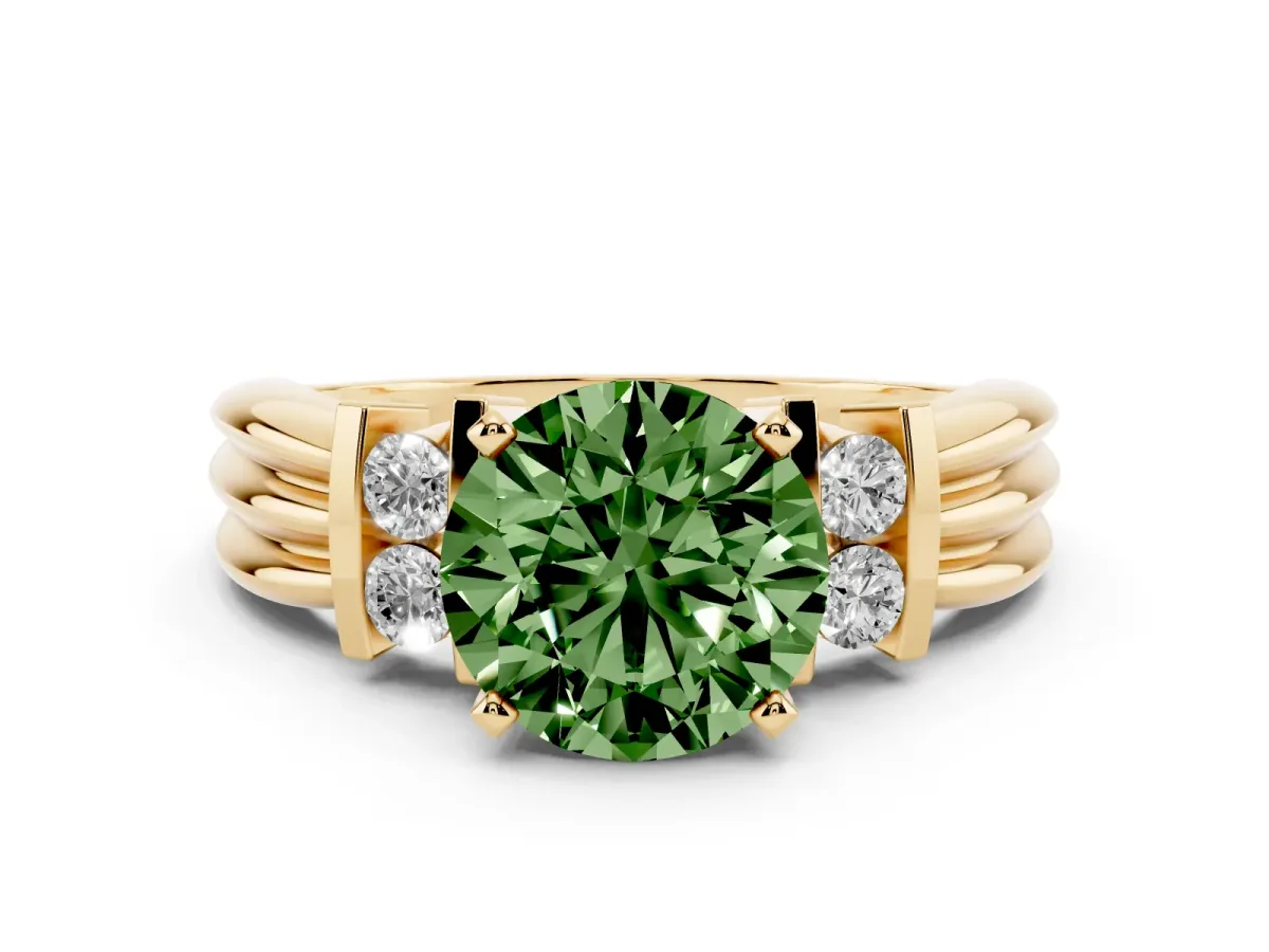 Fancy Green Round Cut Cut Three-Stone Channel Set Ring with Bar Prongs Yellow gold