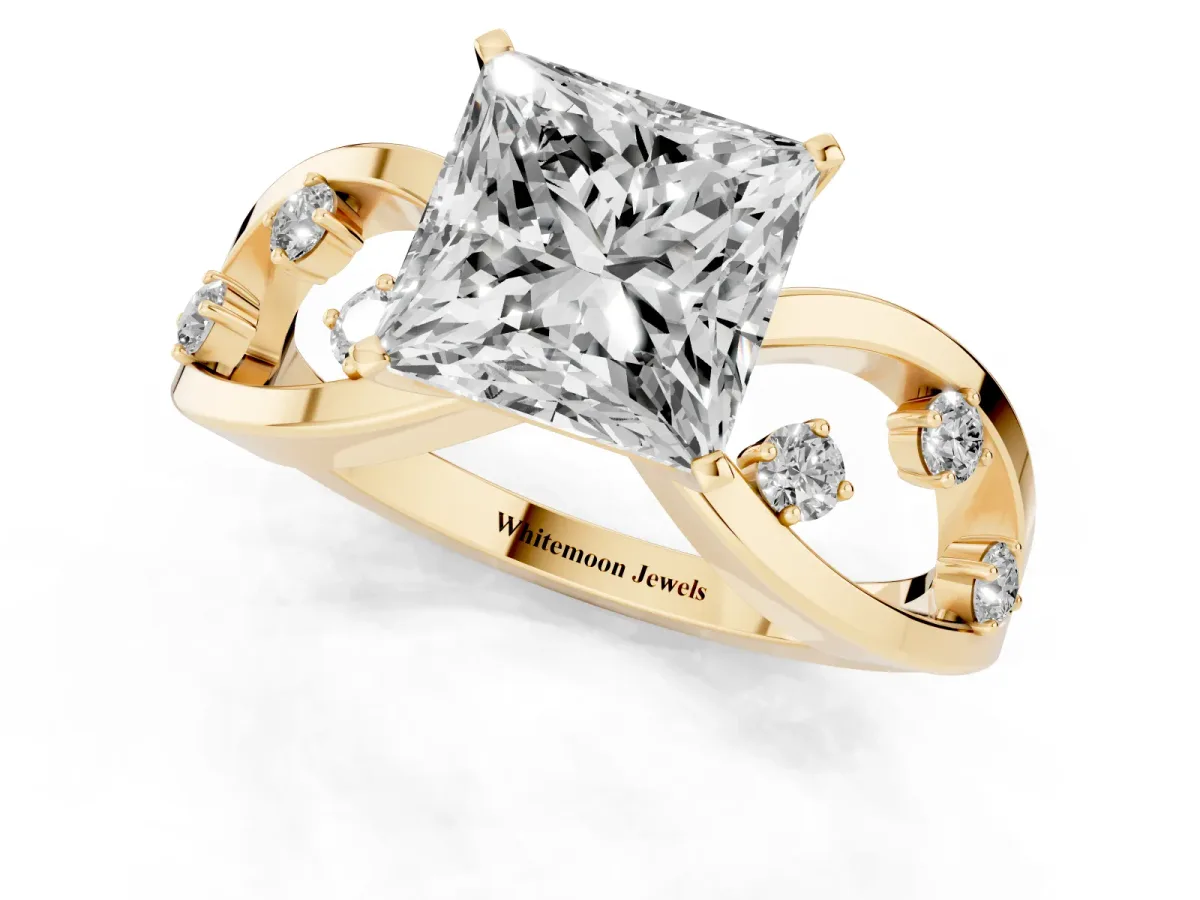 Princess Cut Cut Solitaire Diamond with Side Stones on Criss-Cross Band and Four-Prong Setting Yellow gold