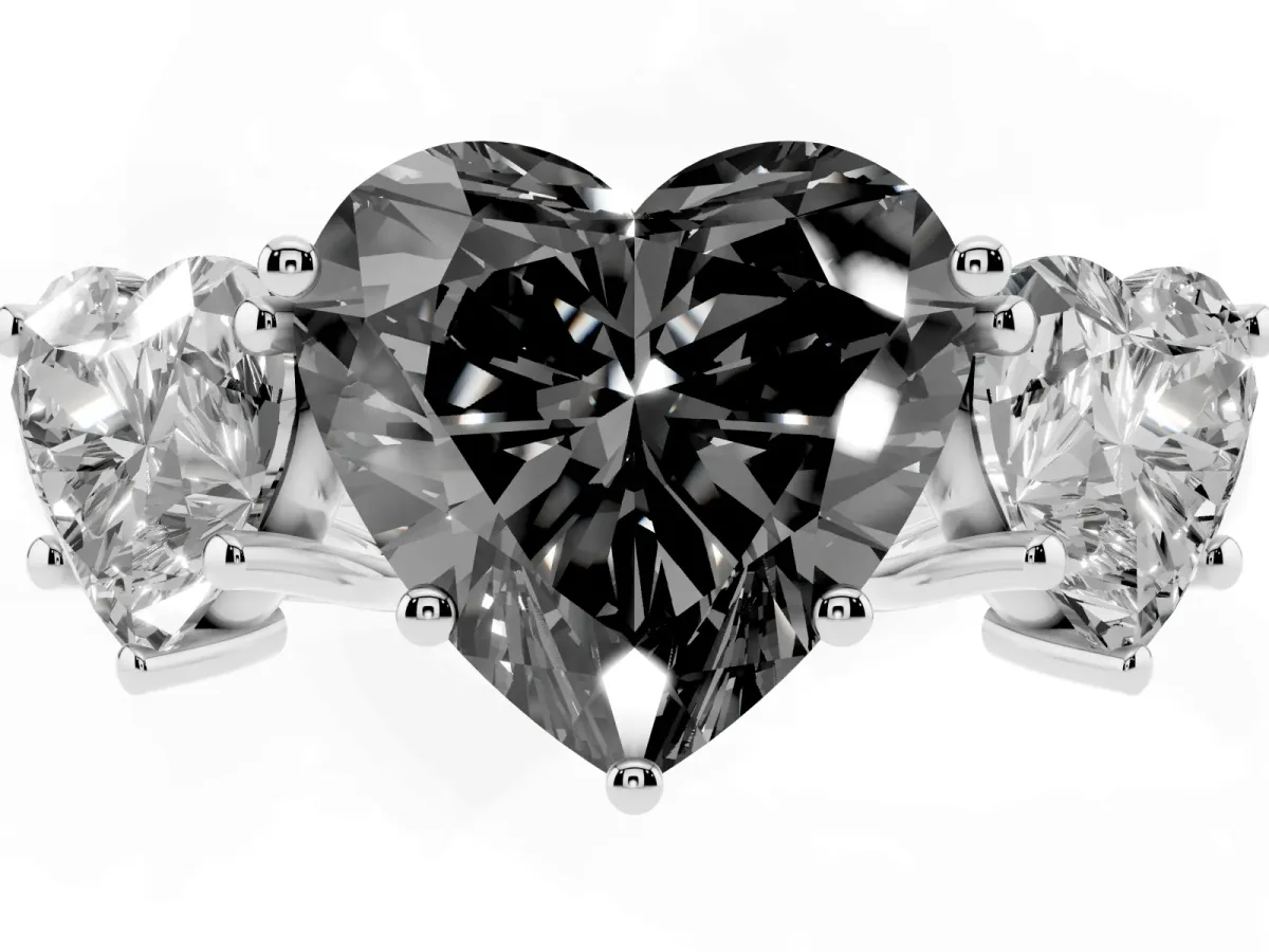 Fancy Black Three-Stone Heart Cut Diamond Engagement Ring with Prong Setting White gold