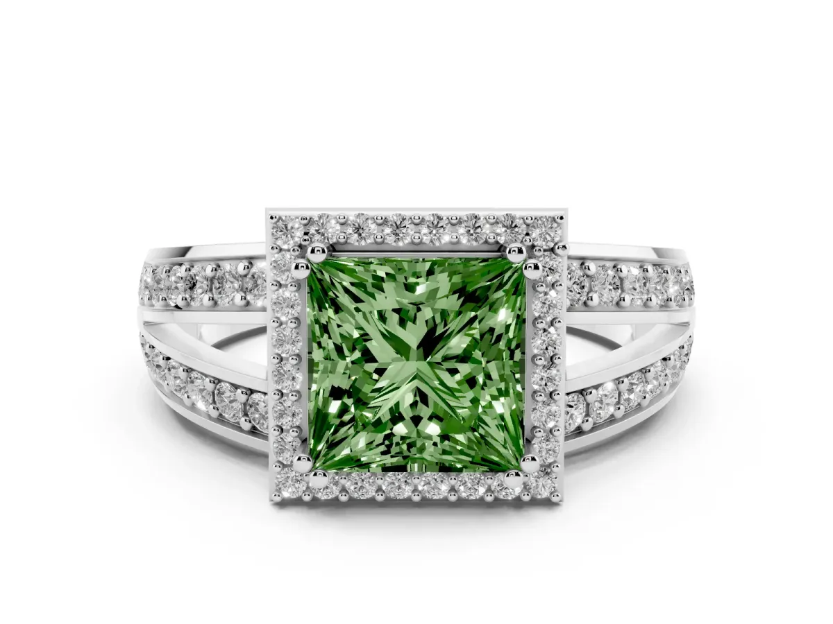 Fancy Green Princess Cut Diamond Halo Ring with Split Shank Pavé Band and Four-Prong Setting Platinum