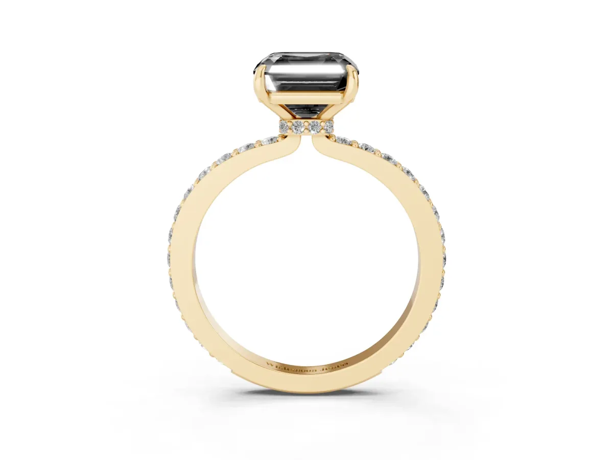 Fancy Black Asscher Cut Diamond Pavé Engagement Ring with Round Accents and Prong Setting Yellow gold