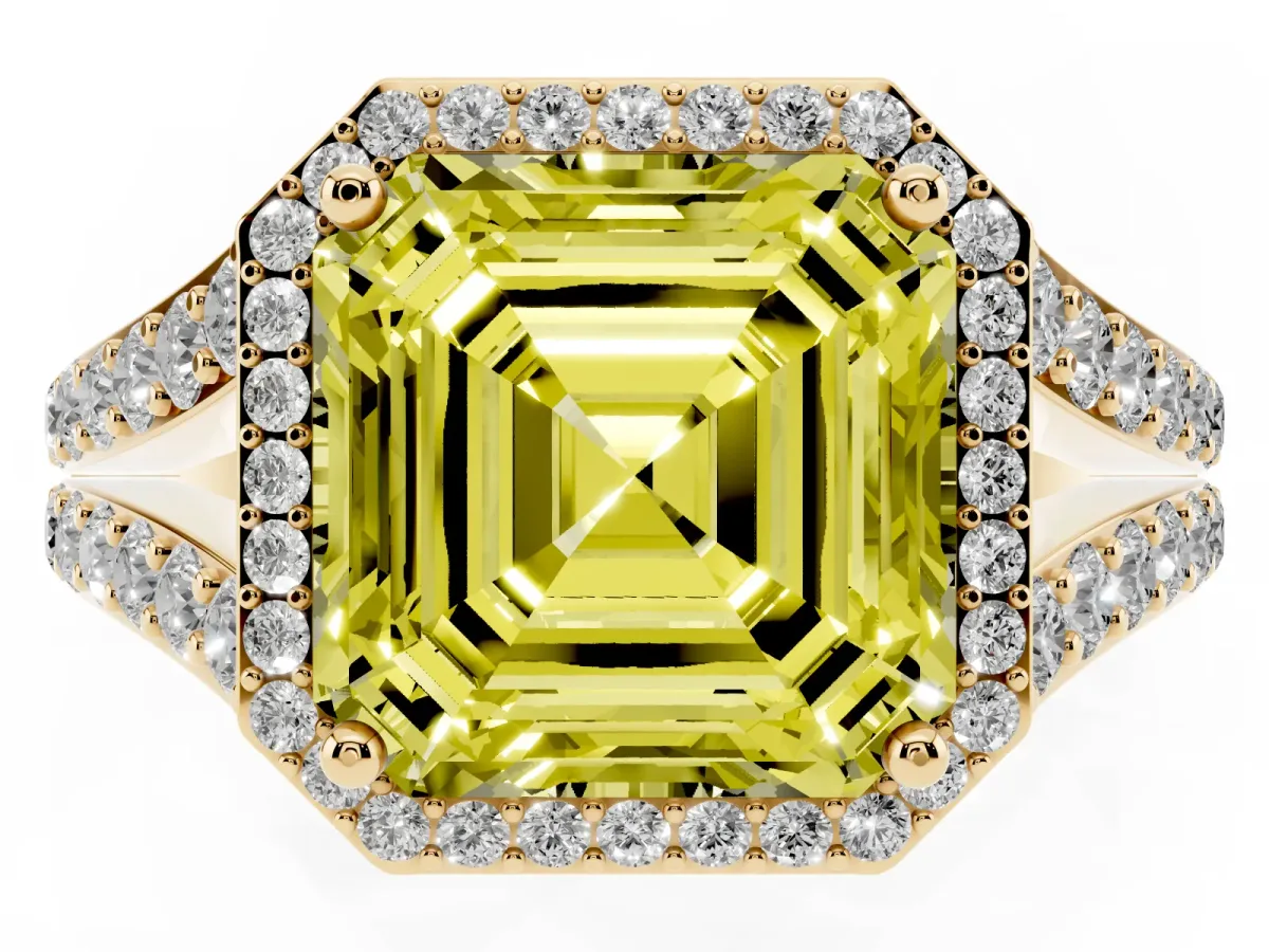 Fancy Yellow Asscher Cut Diamond Split Shank Halo Ring with Four-Prong Setting Yellow gold
