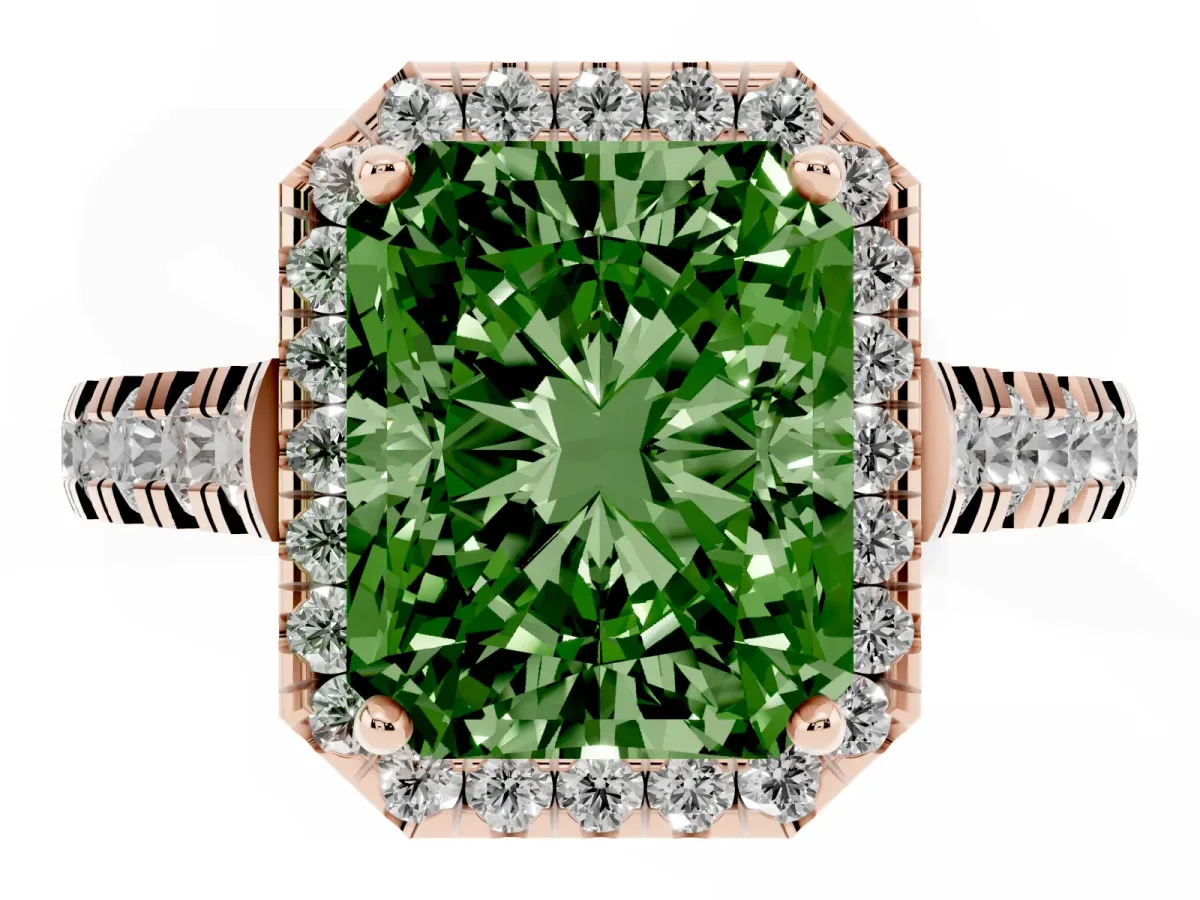 Fancy Green Radiant Cut Halo Pavé Diamond Engagement Ring with Four-Prong Setting Rose gold