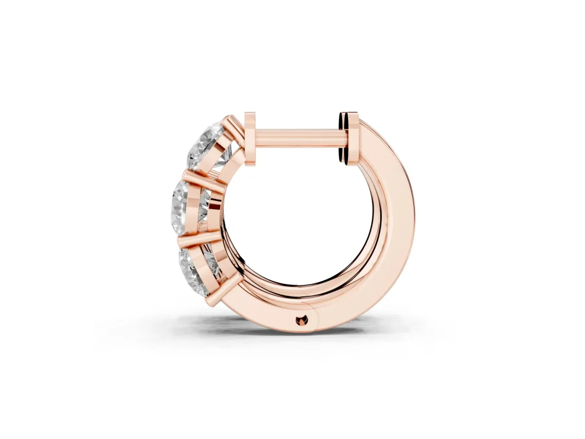 Triple Round Diamond Huggie Earrings with Prong Setting Rose gold