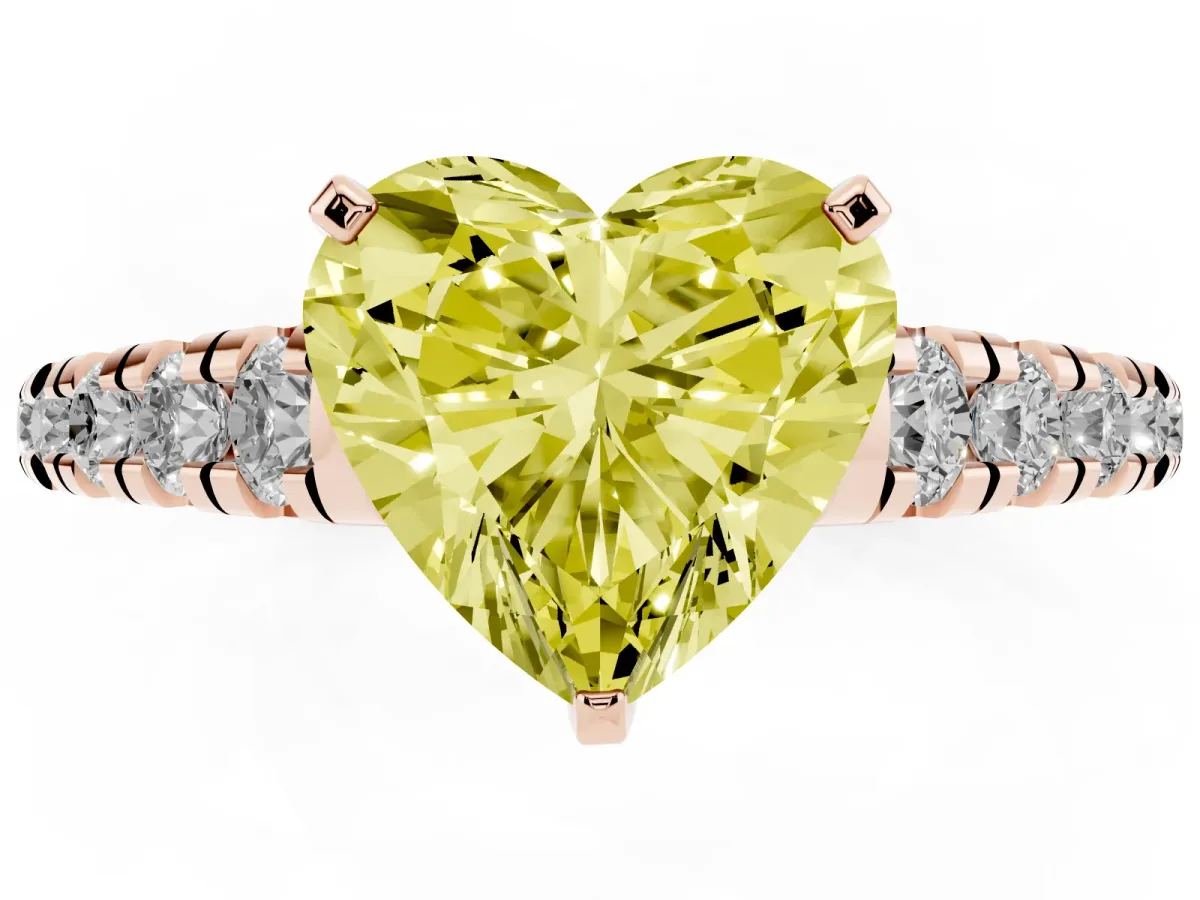 Fancy Yellow Heart Cut Diamond Cathedral Solitaire Ring with Round Pavé Band Rose gold