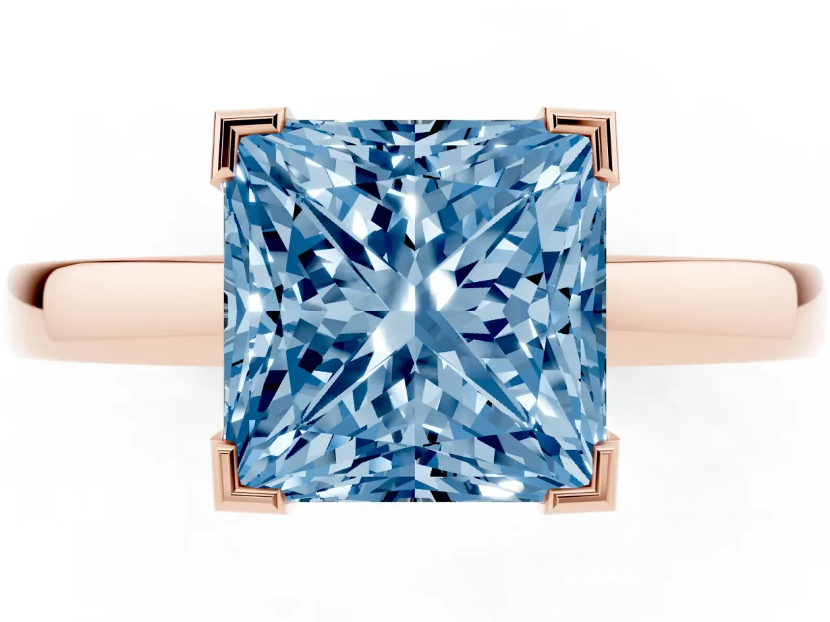Fancy Blue Princess Cut Cut Solitaire Ring with Four-Prong Setting and Classic Band Rose gold