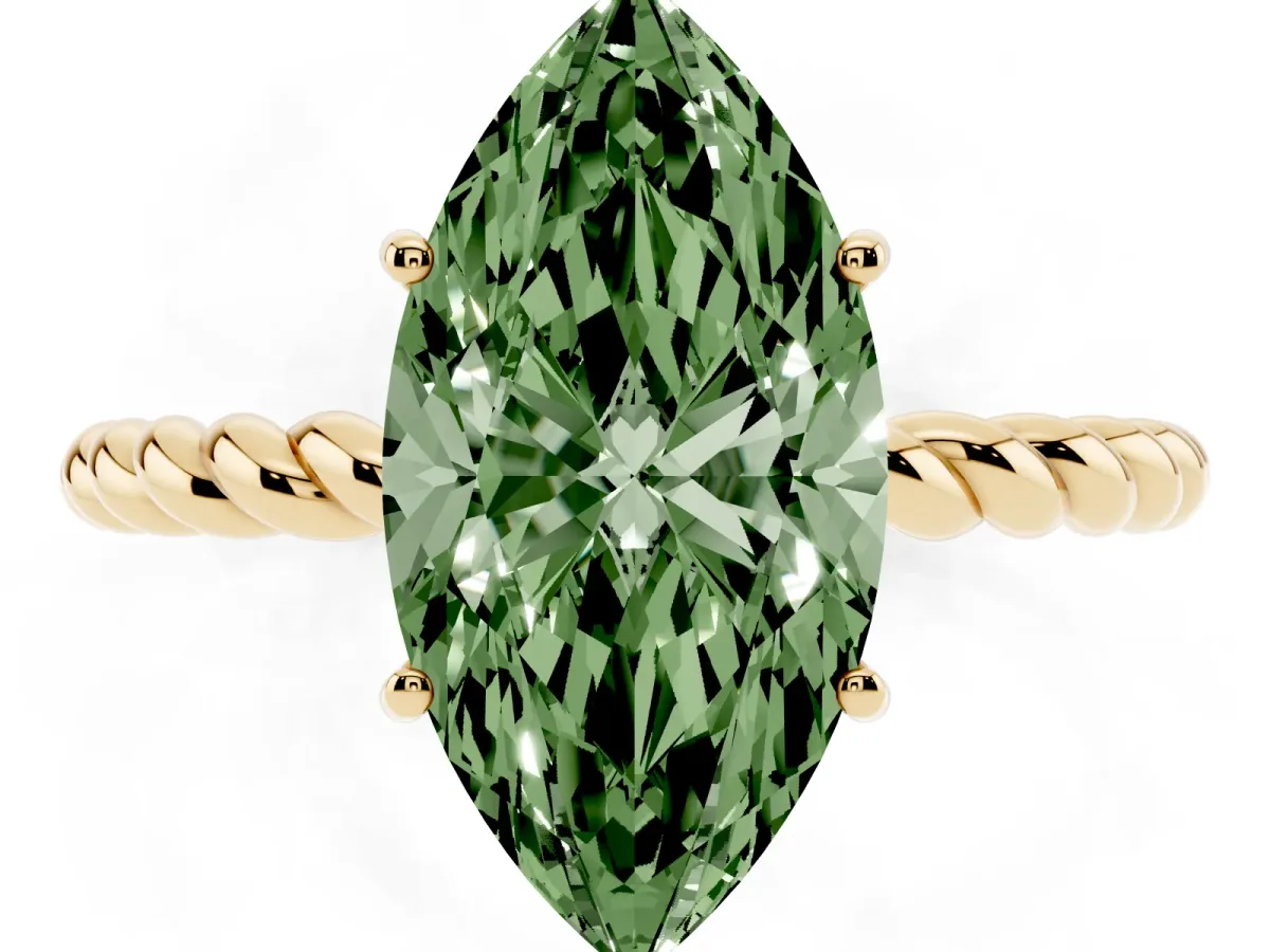 Fancy Green Marquise Cut Solitaire Twist Band Ring with Four-Prong Setting Yellow gold