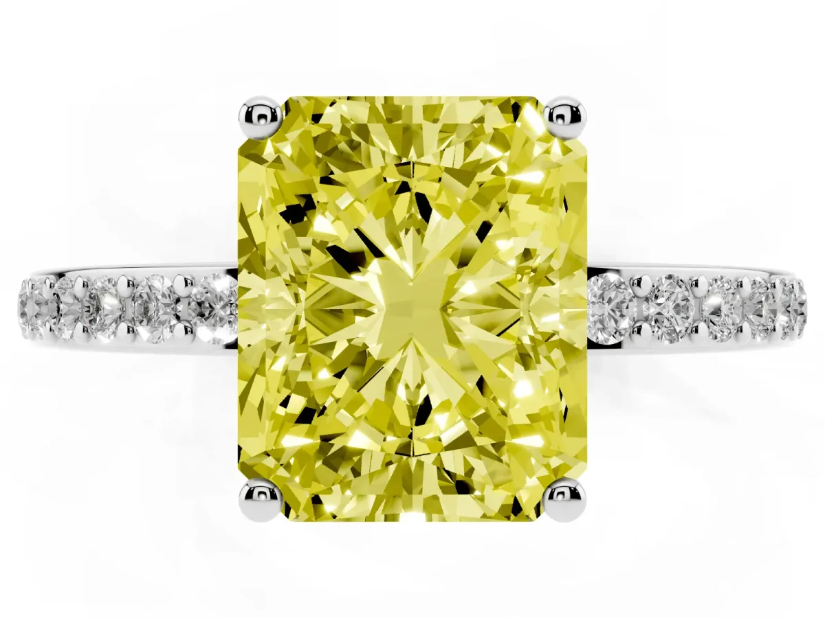 Fancy Yellow Radiant Cut Cut Diamond Pavé Band Ring with Four-Prong Setting Silver