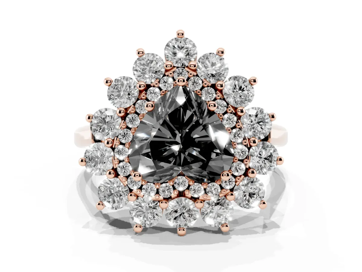 Fancy Black Heart Cut Diamond Floral Double Halo Engagement Ring with Prong Setting Rose gold