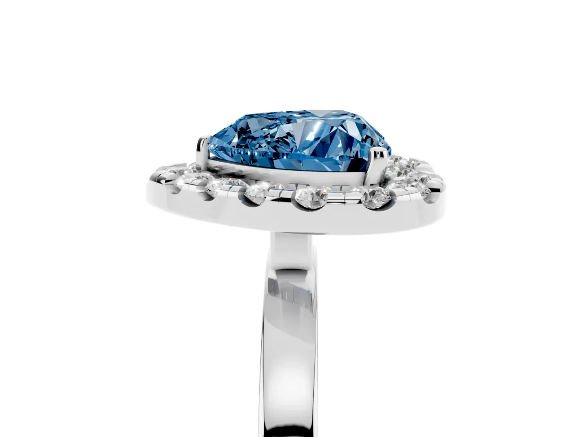 Fancy Blue Heart Cut Halo Diamond Solitaire with Pavé Band and Four-Prong Setting White gold