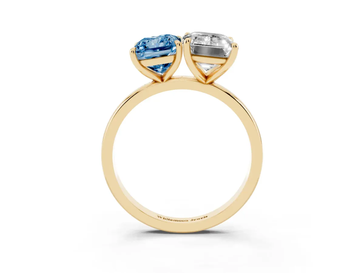 Fancy Blue Radiant Cut and Emerald Cut Toi Moi Ring with Prong Setting Yellow gold