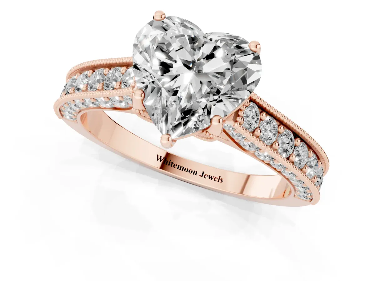 Heart Cut Cut Diamond Solitaire Ring with Milgrain Pave Band and Four Prong Setting Rose gold