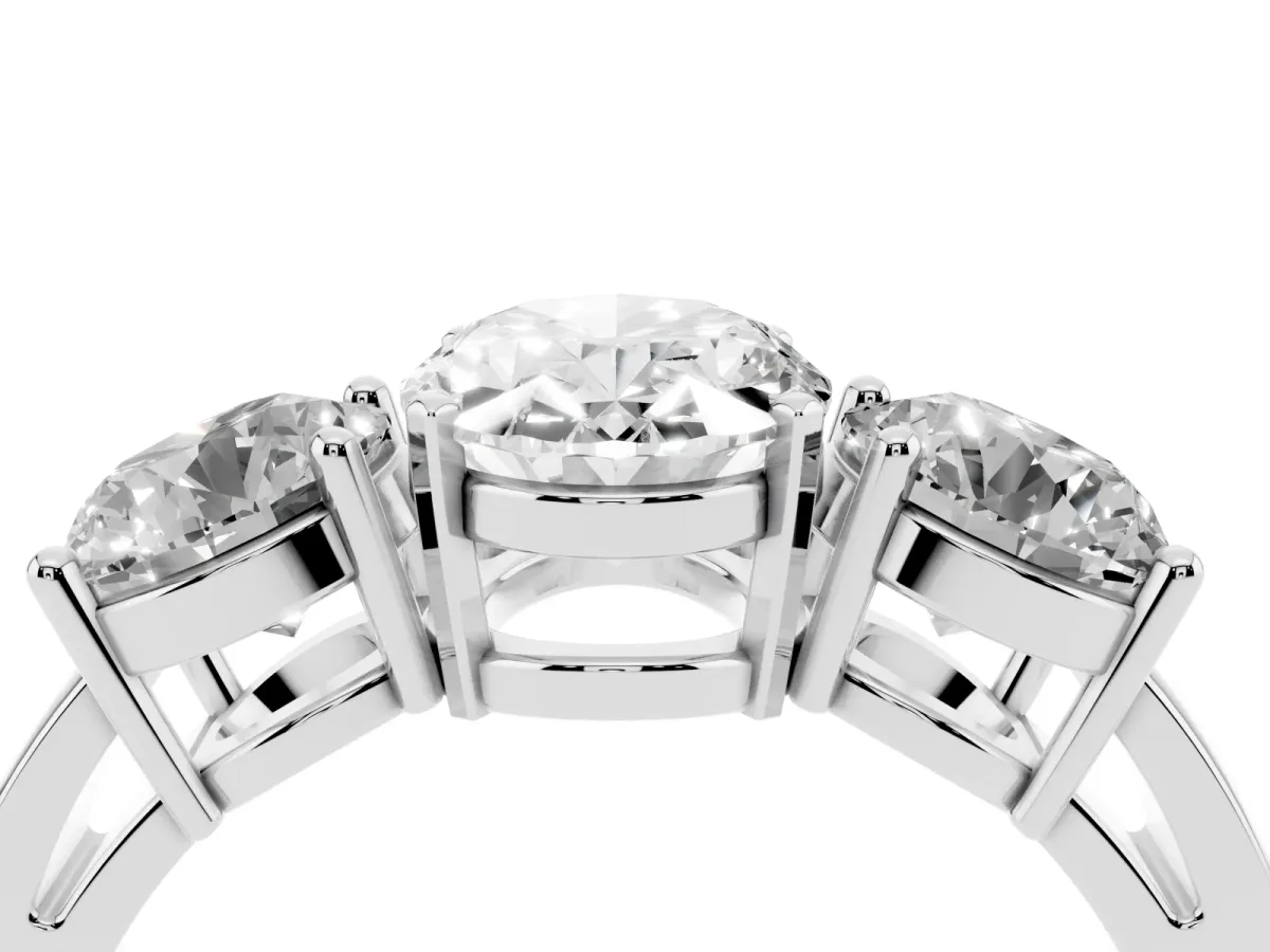 Three-Stone Oval Cut Diamond Ring with Round Side Stones, Classic Band, and Four-Prong Setting Silver