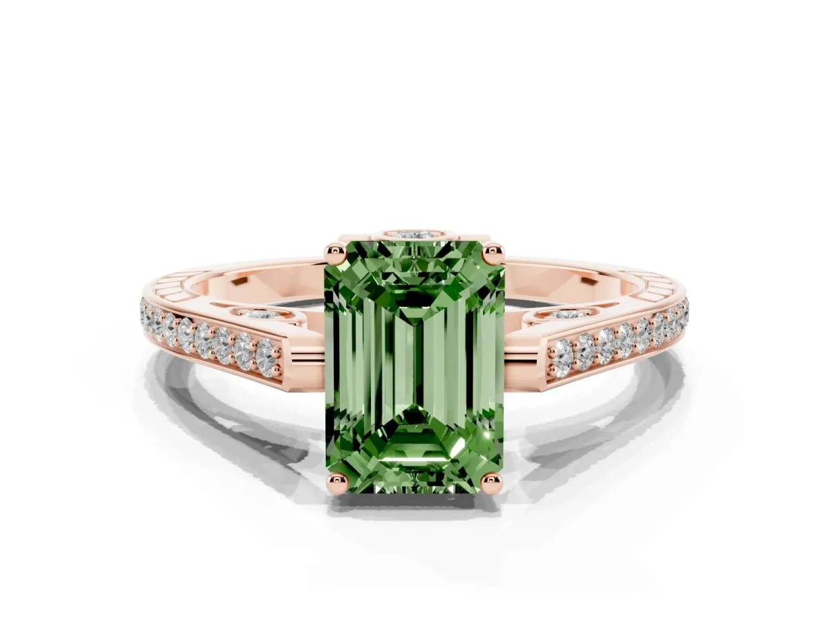 Fancy Green Emerald Cut Cut Cathedral Pave Diamond Engagement Ring with Six-Prong Setting Rose gold
