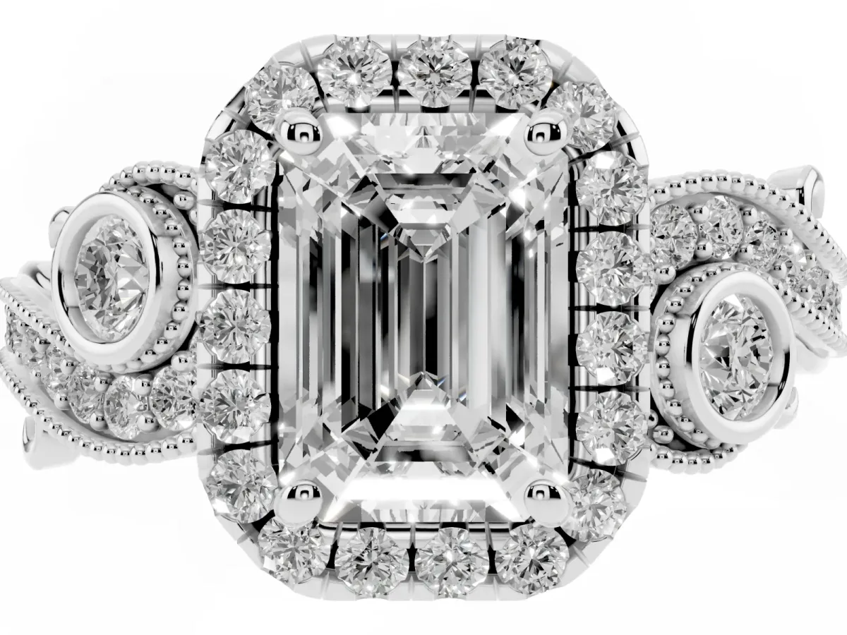 Emerald Cut Halo Diamond Ring with Milgrain and Bezel Accents on a Split Shank Band Silver