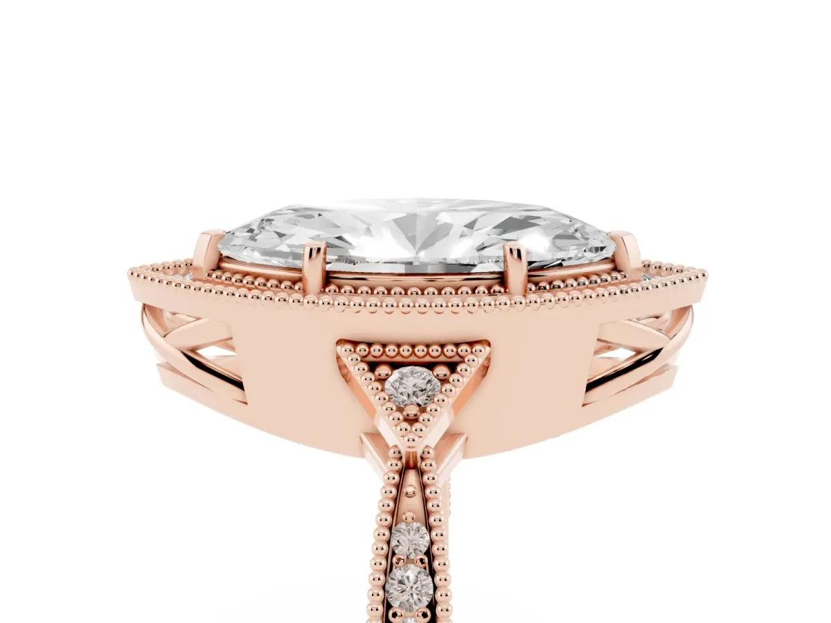 Marquise Cut Halo Round Diamond Milgrain Pave Engagement Ring Rose gold