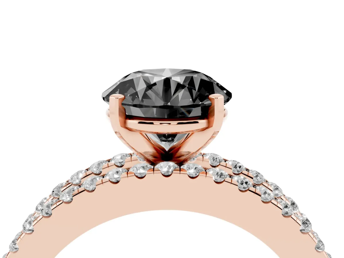 Fancy Black Round Cut Diamond Solitaire Ring with Pavé and Channel Set Band Rose gold