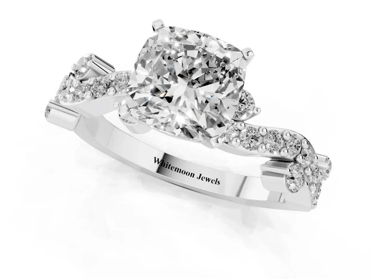Cushion Cut Cut Solitaire Diamond Twisted Band with Pave Setting Platinum