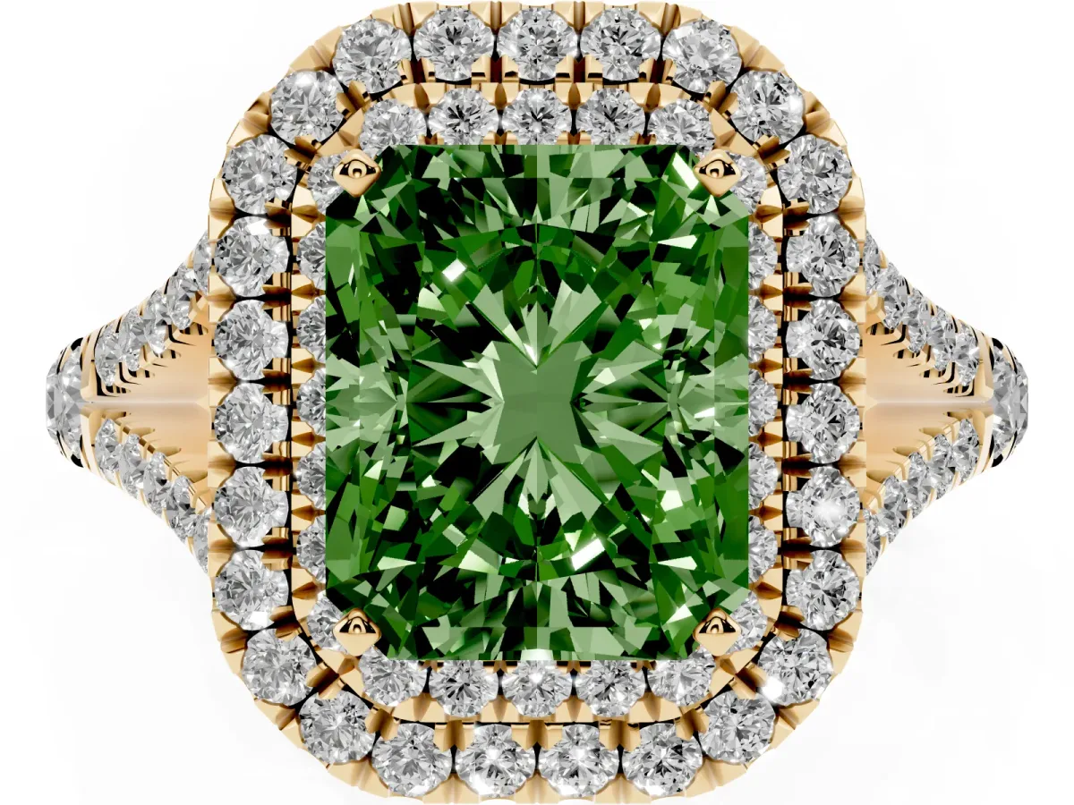 Fancy Green Radiant Cut Cut Double Halo Split Shank Diamond Ring with Prong Setting Yellow gold