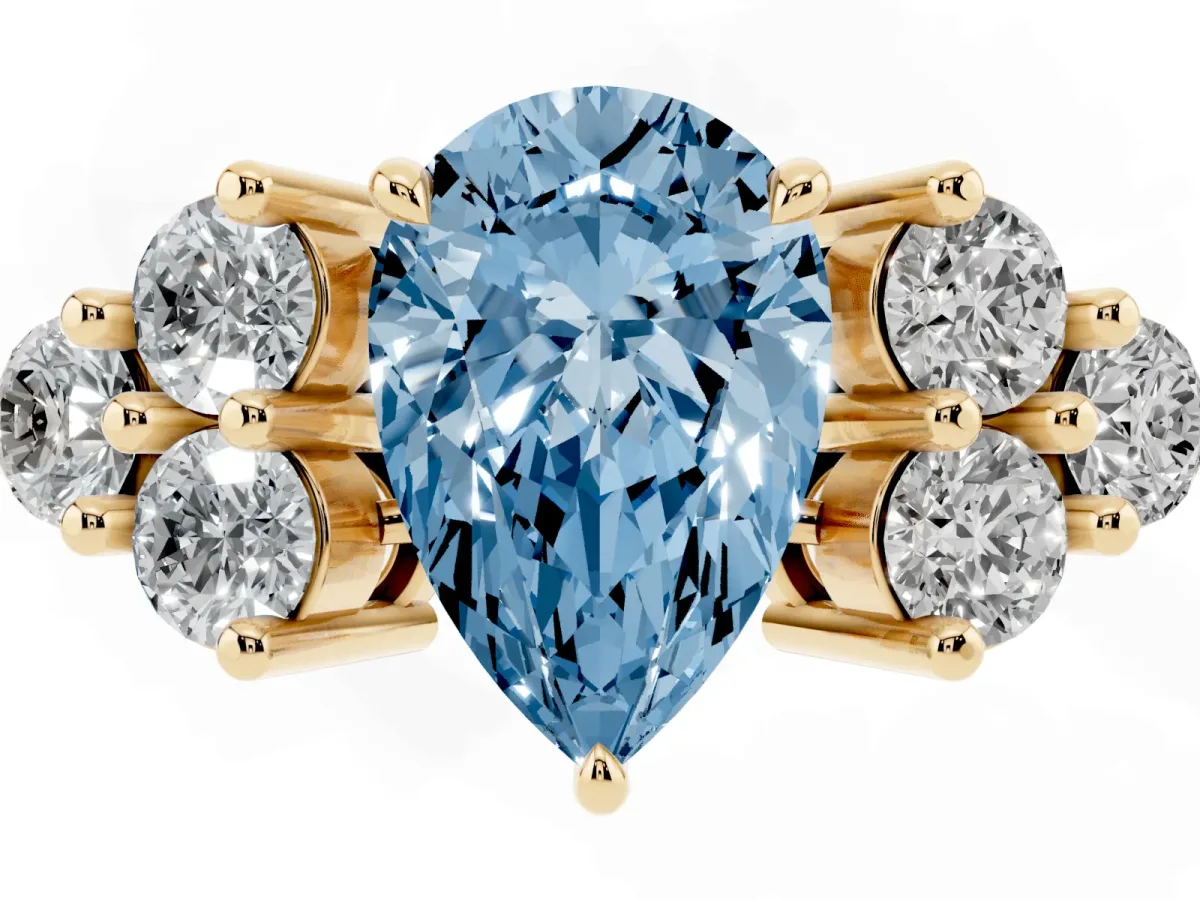 Fancy Blue Pear Cut Brilliant Diamond Cluster Accent Solitaire Ring with Prong Setting Yellow gold