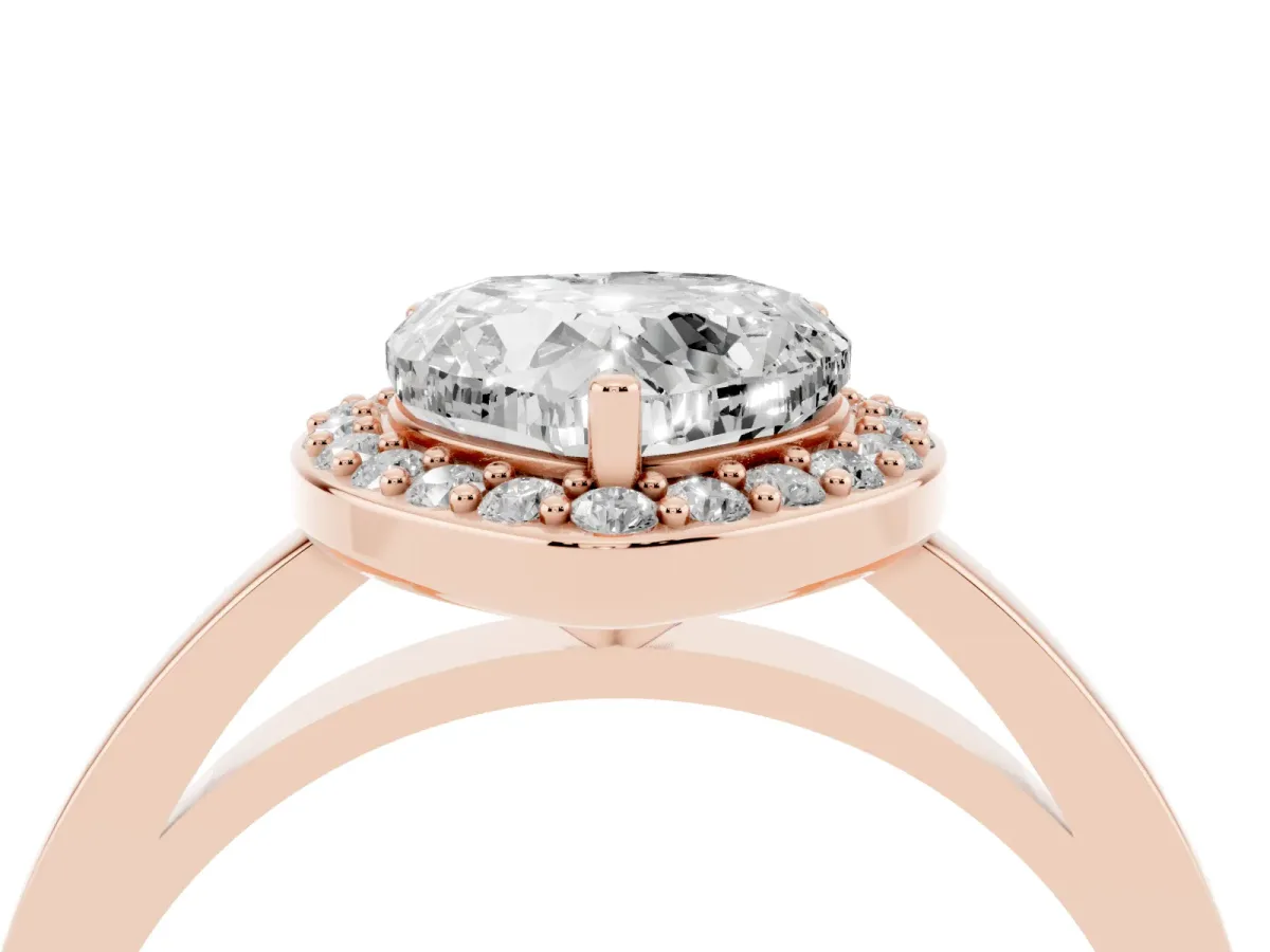 Heart Cut Halo Diamond Ring with Solitaire Band and Prong Setting Rose gold