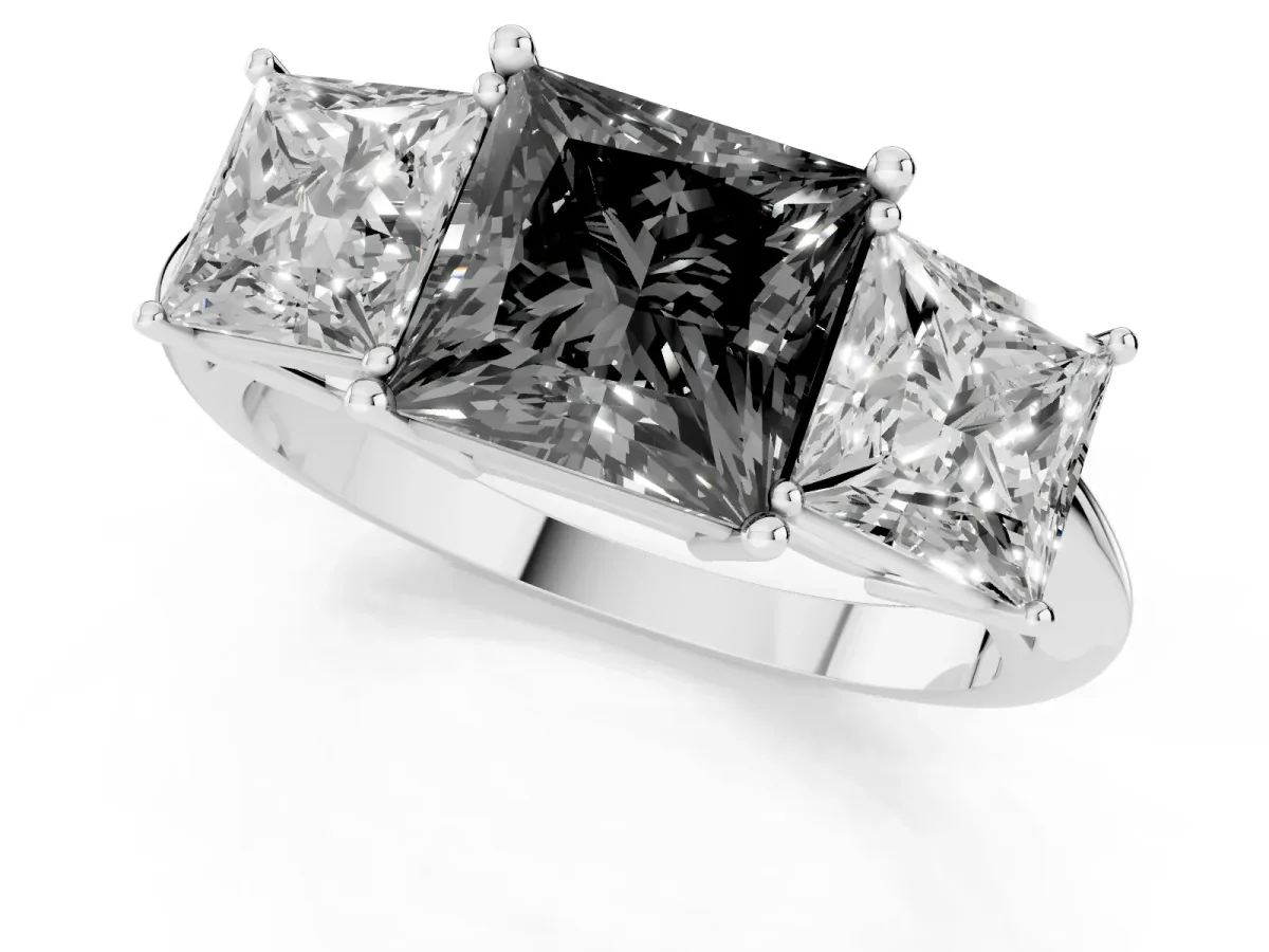 Fancy Black Three-Stone Princess Cut Cut Diamond Engagement Ring with Prong Setting on a White Gold Band White gold