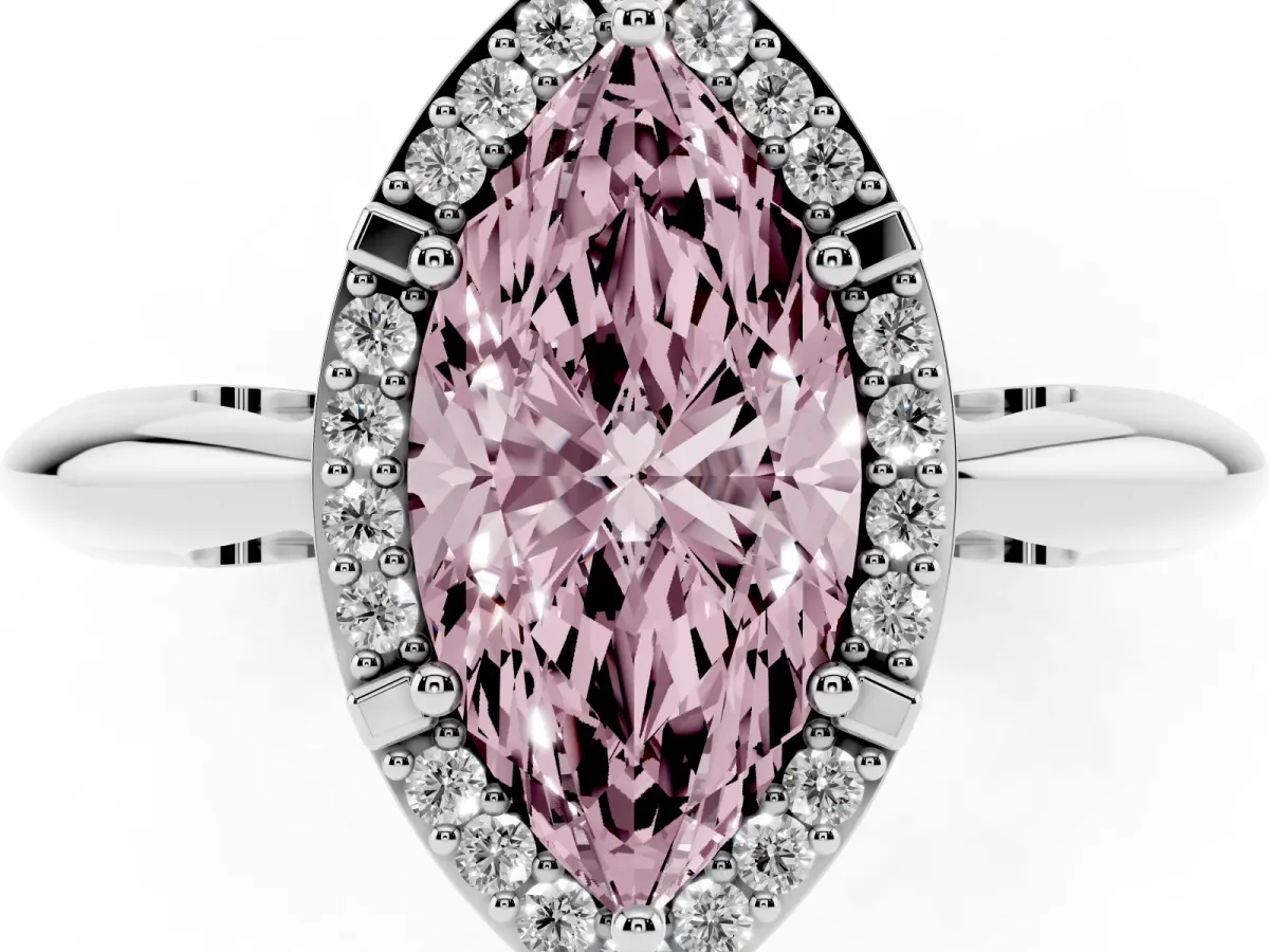 Fancy Pink Marquise Cut Cut Diamond Halo Engagement Ring with Split Shank and Four-Prong Setting Platinum
