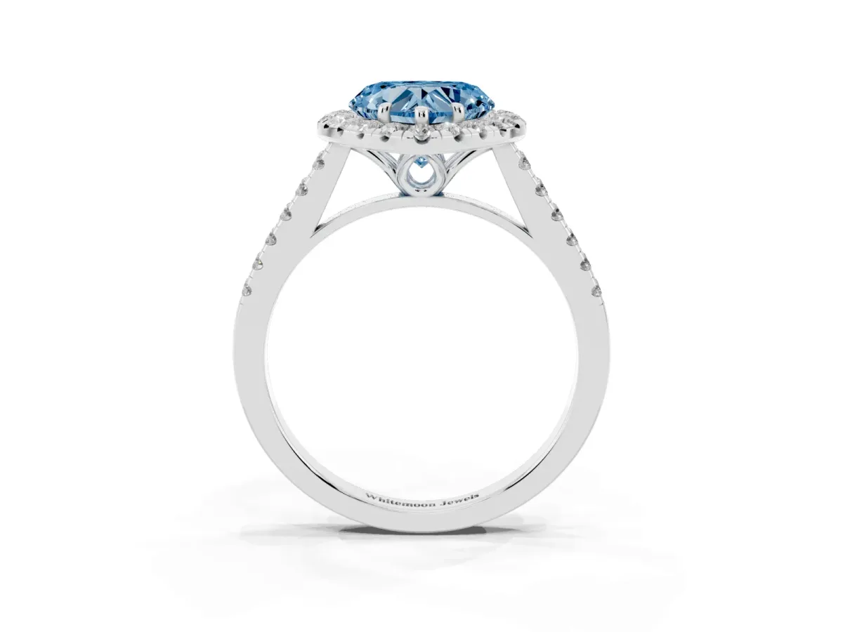 Fancy Blue Heart Cut Halo Pavé Diamond Engagement Ring with Four-Prong Setting Silver