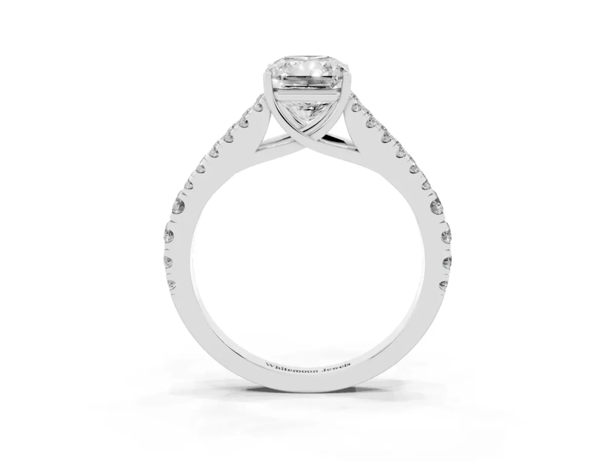 Radiant Cut Diamond Split Shank Pavé Engagement Ring with Four-Prong Setting White gold