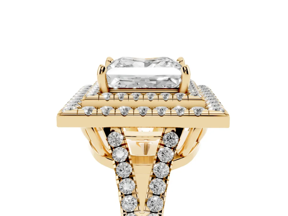 Princess Cut Diamond Double Halo Ring with Pavé Band and Prong Setting Yellow gold